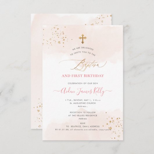 赤面水彩金ゴールドバプテスマ+1歳の誕生日 招待状 (正面/裏面)