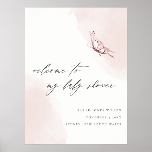 赤面水色バタフライベビーシャワーウェルカム ポスター (正面)