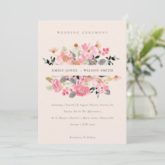 赤面活気のあるピンクの水の色のフローラ結婚式の招待 サンキューカード (スタンド正面)