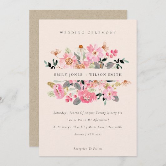 赤面活気のあるピンクの水の色のフローラ結婚式の招待 サンキューカード (正面/裏面)