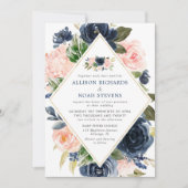 赤面海軍と金ゴールドモダンフローラエレガント 招待状 (正面)