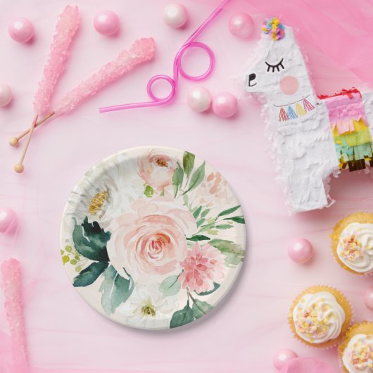 赤面淡い色のピンクウォーター色フローラピーチエレガント ペーパープレート (パーティー)