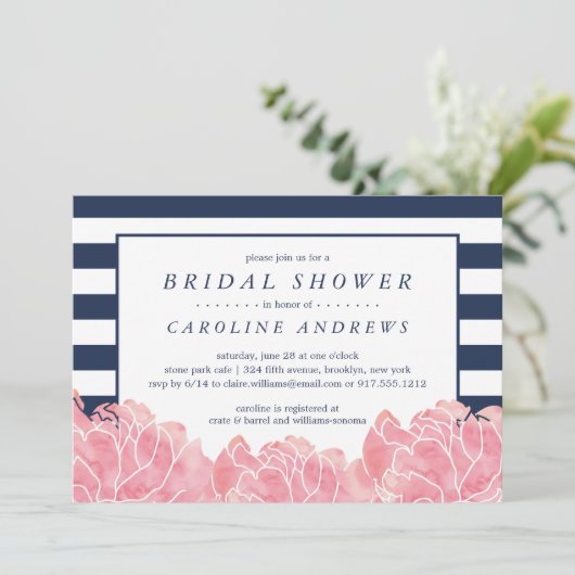 赤面牡丹とネイビーストライプブライダルシャワー 招待状 (スタンド正面)