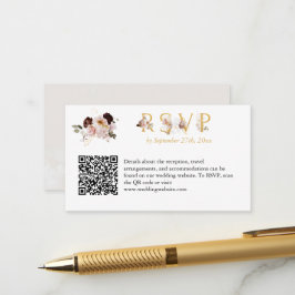 赤面牡丹と金ゴールドバーガンディーウェディングRSVP QRコード エンクロージャーカード
