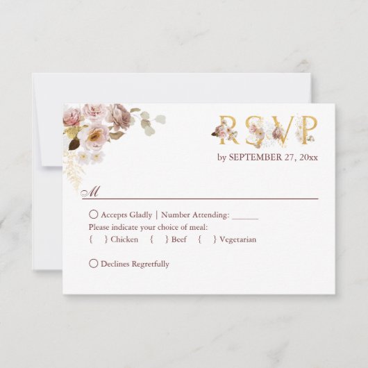 赤面牡丹と金ゴールドブルゴーニュフローラの食事オプション 出欠カード (正面)