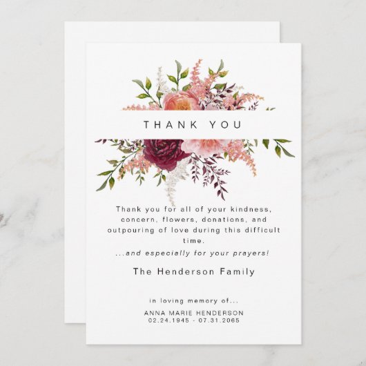 赤面牡丹フローラ死別葬礼ありがとう サンキューカード (正面/裏面)