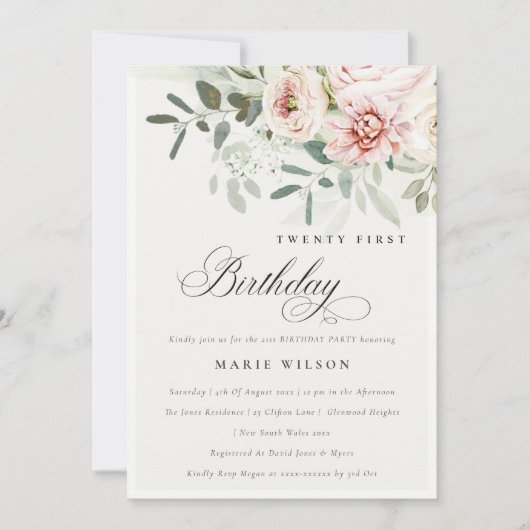 赤面牡丹ユーカリプトゥスブロージエージ誕生日 招待状 (正面)