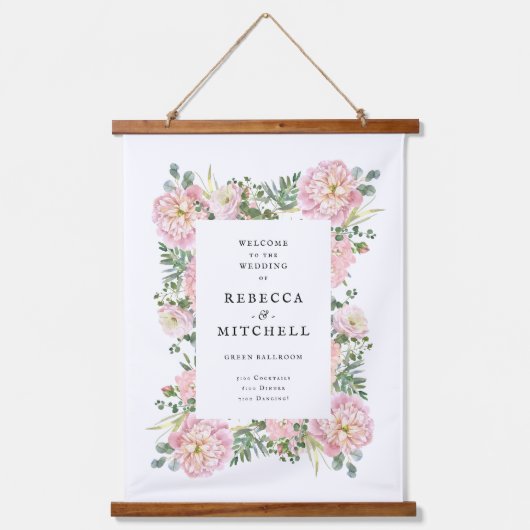 赤面牡丹紫陽花ユーカリ結婚プスへようこそ 吊り下げ型タペストリー (正面)