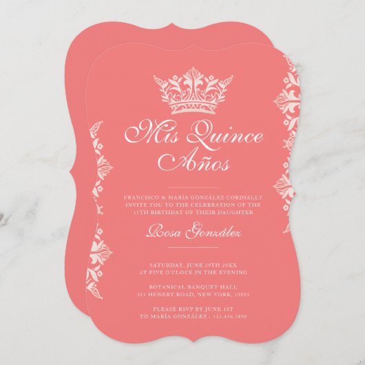 赤面王室のリーフクラウンピンクエレガントクインセアニラ 招待状 (正面/裏面)