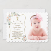 赤面白い花金ゴールドフレーム写真バプテスマ 招待状 (正面)