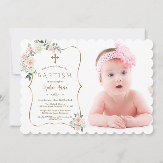 赤面白い花金ゴールドフレーム写真バプテスマ 招待状 (正面)