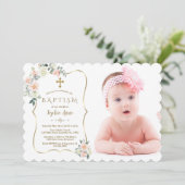 赤面白い花金ゴールドフレーム写真バプテスマ 招待状 (スタンド正面)