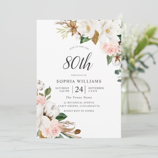 赤面白エレガント花80th誕生日パーティー 招待状 (スタンド正面)