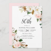 赤面白エレガント花80th誕生日パーティー 招待状 (正面/裏面)