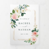 赤面白開花金ゴールド四角形フレーム結婚ズ 三つ折り招待状 (カバー)