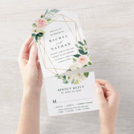 赤面白開花金ゴールド幾何学模様結婚枠 オールインワン招待状