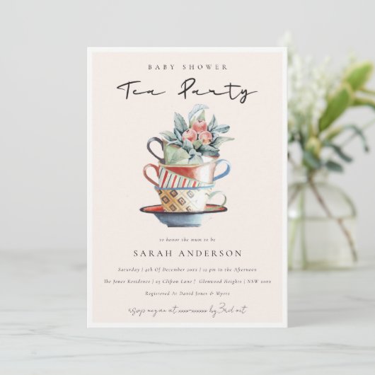 赤面積み重ねカップベビーシャワーティーパーティー招待状 サンキューカード (スタンド正面)
