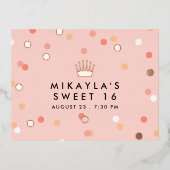 赤面紙吹雪クラウンスウィート16バースデーパーティー 箔招待状ポストカード (正面)