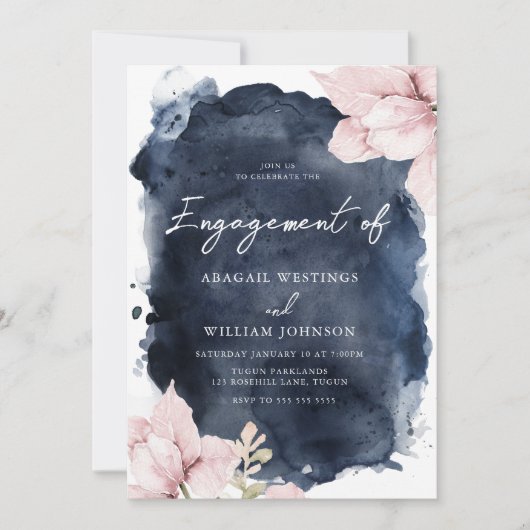 赤面素晴らしフローラネイビースプラッシュ婚約パーティ 招待状 (正面)