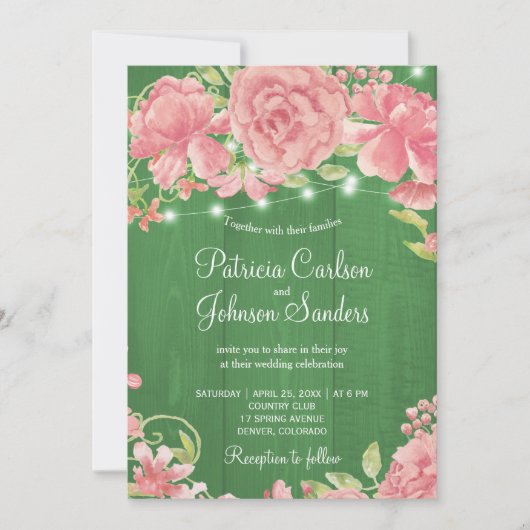 赤面素朴の牡丹と緑の納屋の木の照明 招待状 (正面)