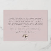 赤面素朴ピンクと金ゴールド孔雀サンキューカード 箔招待状 (裏面)