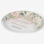 赤面素朴ピンクのバラのユーカリ&金ゴールド結婚ズ ペーパープレート (アングル)