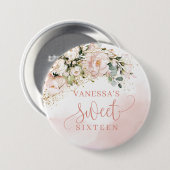 赤面素朴ピンクのバラの緑の金ゴールド16th b-day 缶バッジ (正面&裏面)