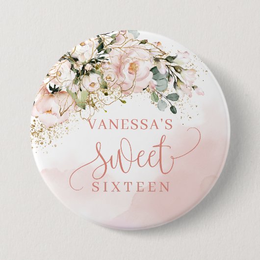 赤面素朴ピンクのバラの緑の金ゴールド16th b-day 缶バッジ (正面)
