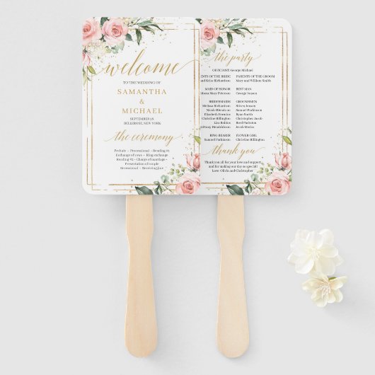 赤面素朴ピンクのバラeucalyptus金ゴールド ハンドファン (正面&裏面)