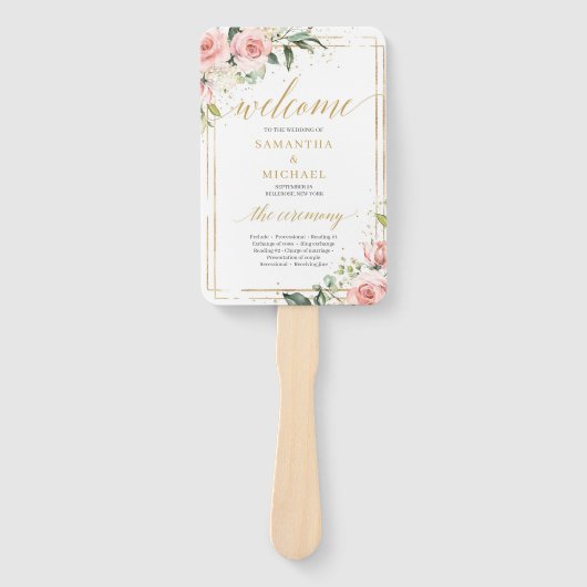 赤面素朴ピンクのバラeucalyptus金ゴールド ハンドファン (正面)