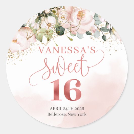 赤面素朴ピンクのバラeucalyptussweet sixteen ラウンドシール (正面)