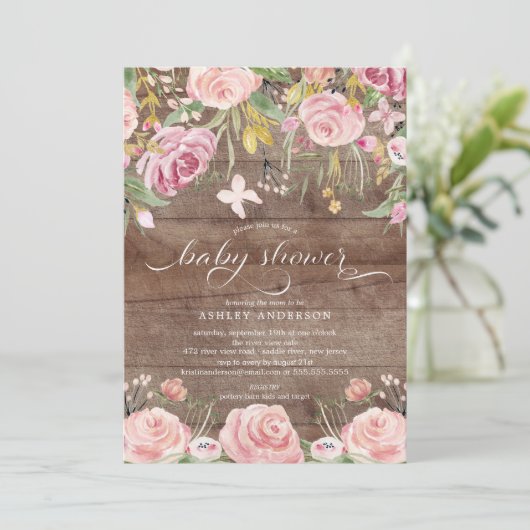 赤面素朴ピンクの水カラーフローラベビーシャワー 招待状 (スタンド正面)