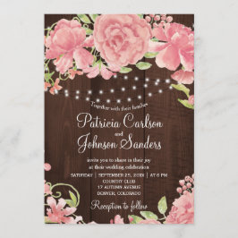 赤面素朴ピンクの牡丹とバーンドウッドのライト 招待状
