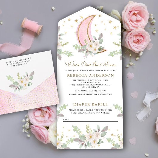 赤面素朴ピンクアイボリーフローラムーンベイビーシャワー オールインワン招待状