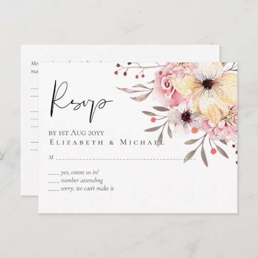 赤面素朴ピンクフローラセージ結婚式RSVP ポストカード (正面/裏面)