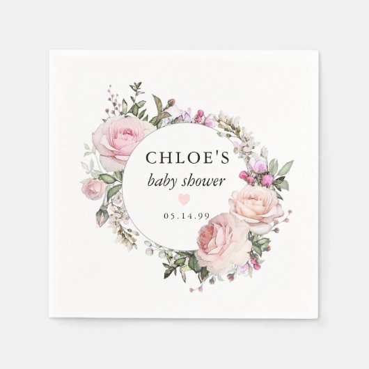 赤面素朴ピンクローズフローラベビーシャワー スタンダードカクテルナプキン (正面)