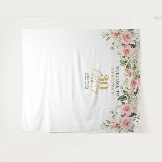 赤面素朴ピンクローズユーカリ30歳の誕生日 タペストリー (正面(横))