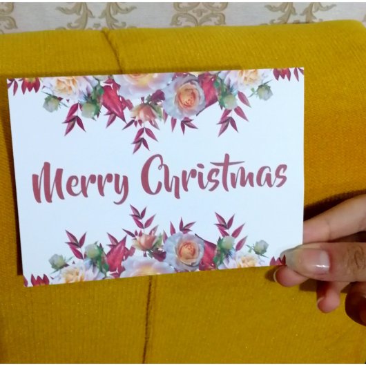 赤面素朴ピンクローズリースクリスマスカード サンキューカード