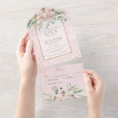 赤面素朴ピンクローズ金ゴールドアクセントNoディナー オールインワン招待状 (貼ってはがせる)