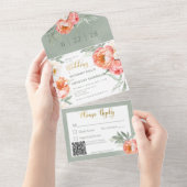 赤面素朴ピーチ&ホワイトピーニーQRコード オールインワン招待状 (貼ってはがせる)