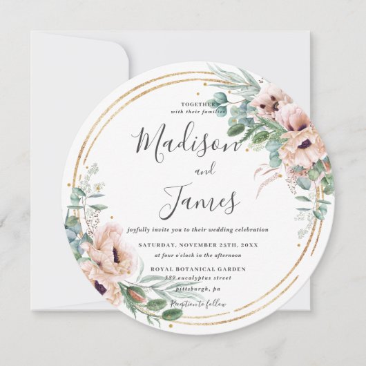 赤面素朴フローラユーカリ結婚ス金ゴールドサークル 招待状 (正面)