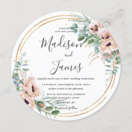 赤面素朴フローラユーカリ結婚ス金ゴールドサークル 招待状