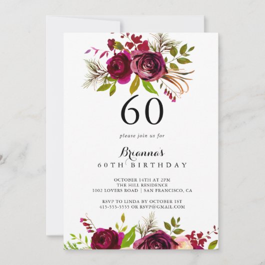 赤面素朴ブルゴーニュフローラ60th誕生日パーティー 招待状 (正面)