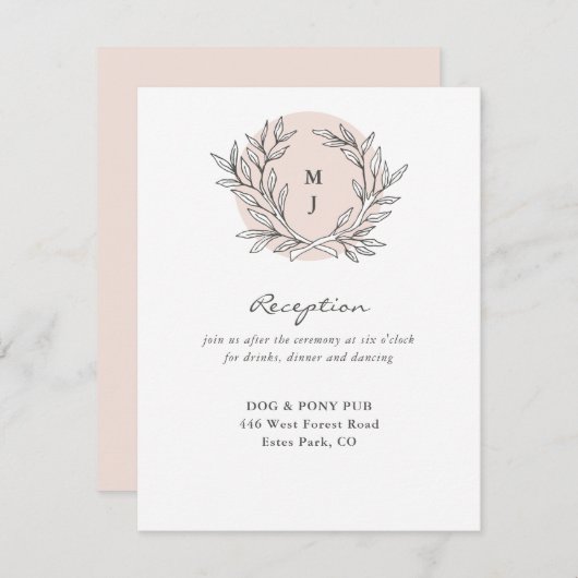赤面素朴モノグラムリースウェディングレセプション エンクロージャーカード (正面/裏面)