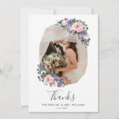赤面紫フローラ金ゴールド幾何学写真結婚の サンキューカード (正面)