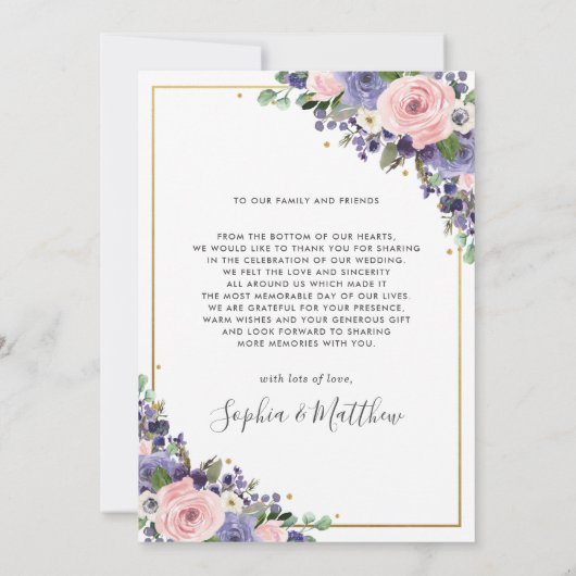 赤面紫フローラ金ゴールド幾何学写真結婚の サンキューカード (裏面)