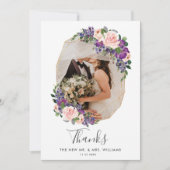 赤面紫フローラ金ゴールド幾何学写真結婚の サンキューカード (正面)