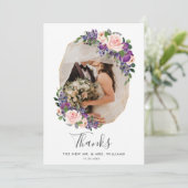 赤面紫フローラ金ゴールド幾何学写真結婚の サンキューカード (スタンド正面)