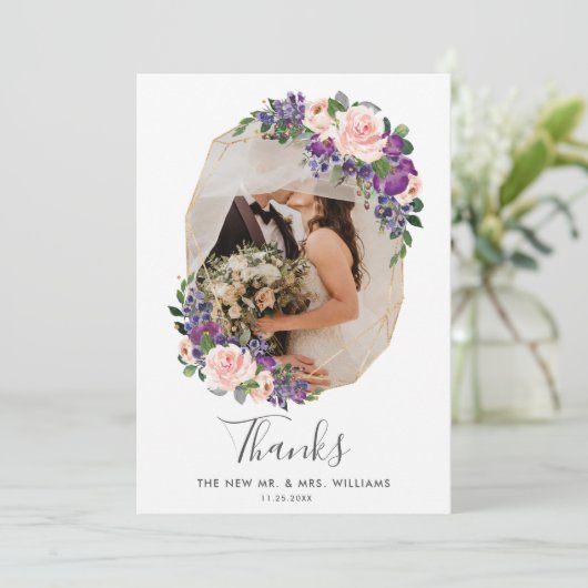 赤面紫フローラ金ゴールド幾何学写真結婚の サンキューカード (スタンド正面)