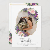 赤面紫フローラ金ゴールド幾何学写真結婚の サンキューカード (正面/裏面)